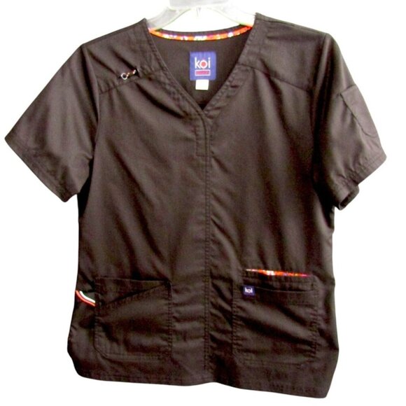 Koi Stretch Black Scrub Top Womens Size M 5 Pocket V Neck Nurse Vet Tech CNA Lab - Picture 1 of 13